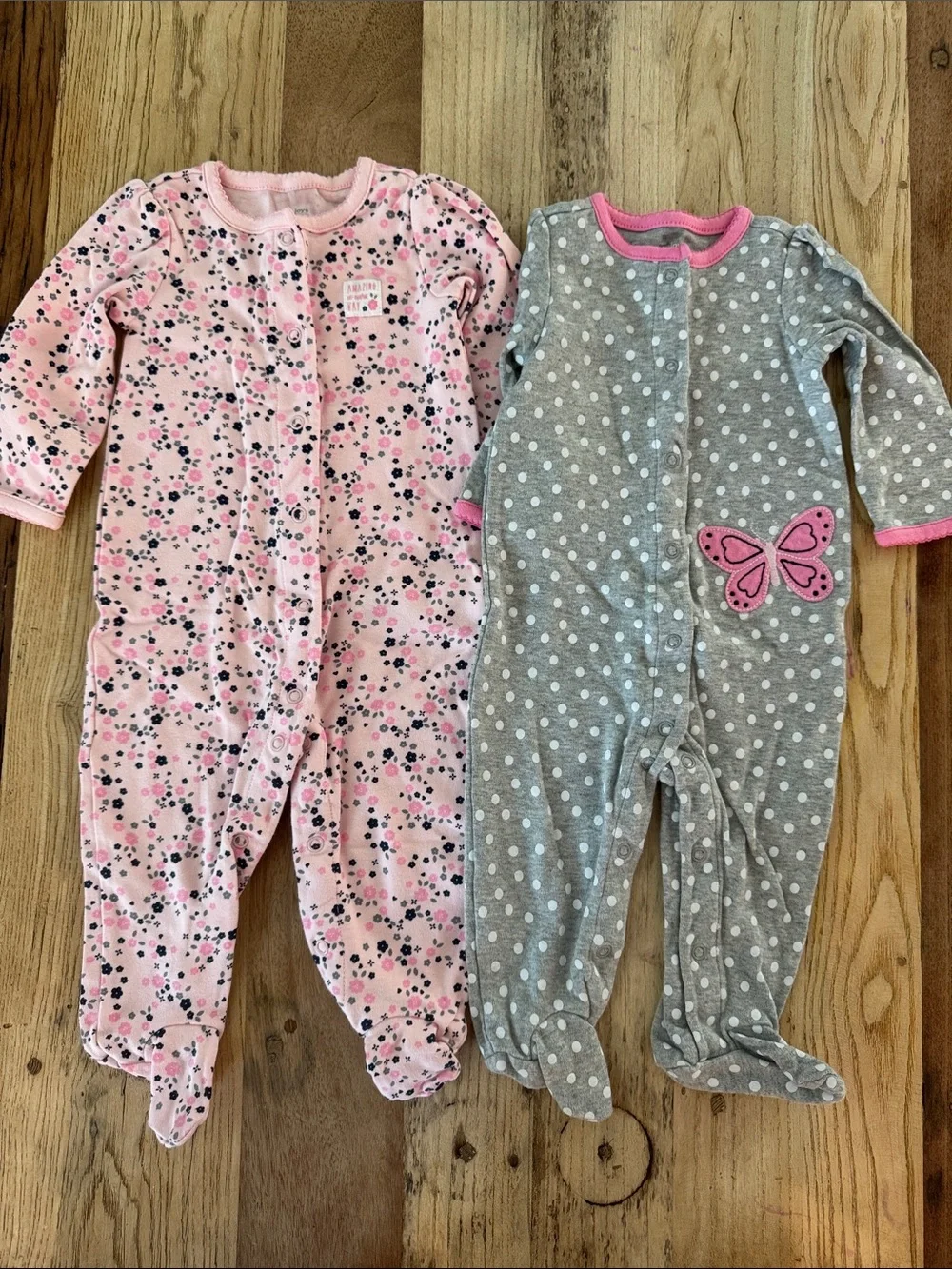 Carter's Pink Floral and Gray Polka Dot Footed One-Pieces - 2 Pack